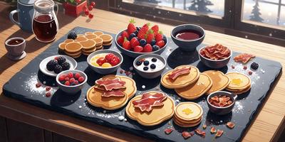 The image features a table filled with a variety of food items, including pancakes, bacon, strawberries, and blueberries. There are multiple bowls and plates containing these delicious treats, creating an inviting and appetizing scene. The table is set in a cozy environment, likely a dining area or a kitchen. The visual style of the image is a combination of photo and digital art, giving it a vibrant and colorful appearance. The dominant colors in the image are red,
